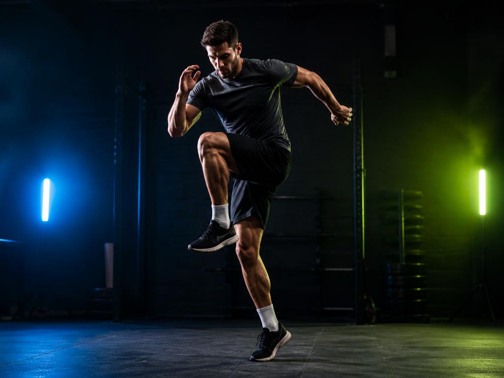 Athlete hopping and landing on one foot in a dark gym